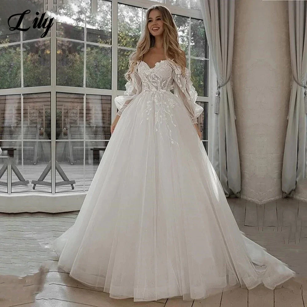 

Exquisite A-line Wedding Dress Off The Shoulder Puff Sleeve Bridal Gowns Sweetheart Appliques Bride DressWomen Vestido De Novia
