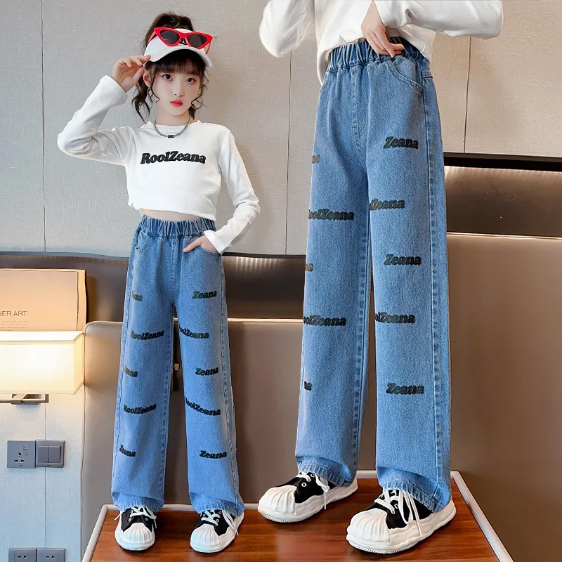 

Spring And Autumn Korean Style Children Wide Leg Loose Trousers Teenage Girls Jeans Kids Black Letter Printing Pants 5-14Years