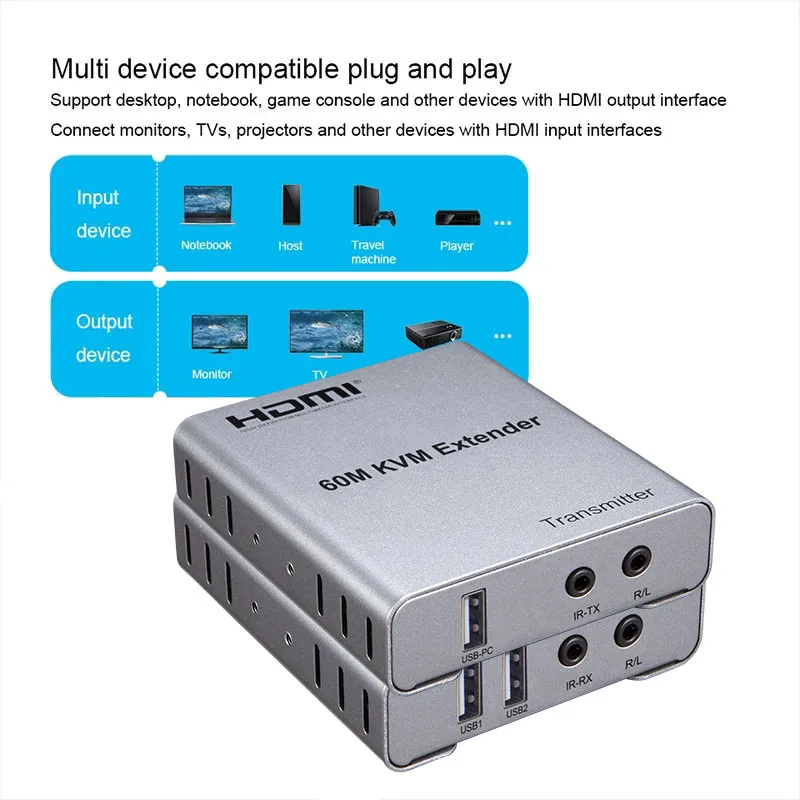 Фото USB KVM HDMI-удлинитель по CAT5E/6 RJ45, 60 м, 1080p, 60 Гц, HDMI-передатчик-приемник с ИК-управлением для подключения ПК к телевизору/монитору №5