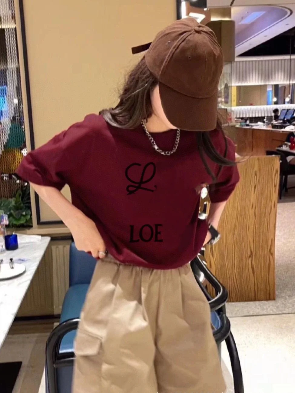 

New Leisure Fashion Women Wine T-shirt Short Sleeve Loose Round Neck Pullover Printing Patchwork Elegant Chic Ladies T-shirt