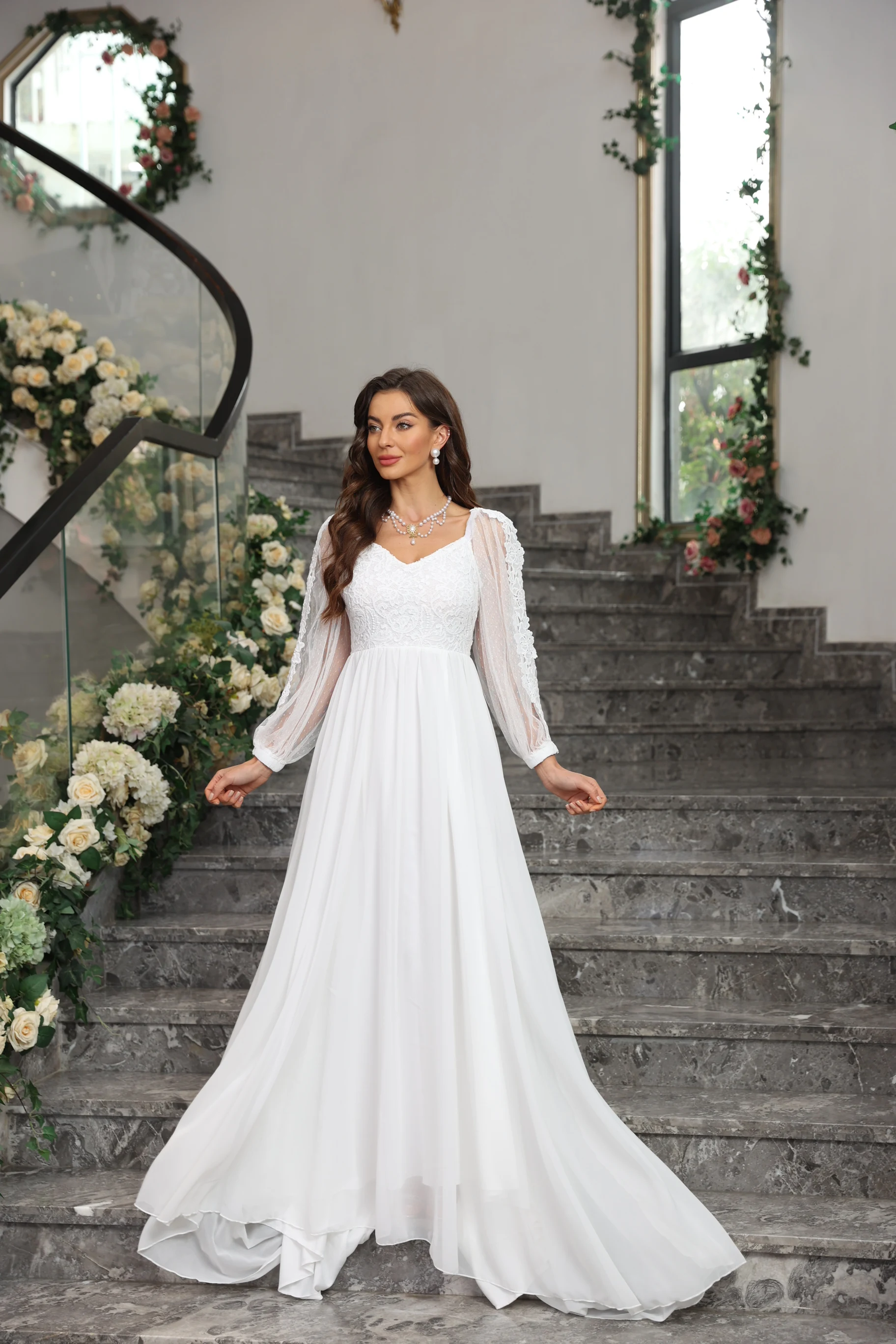 Элегантное женское свадебное платье с длинным рукавом роскошное вечернее