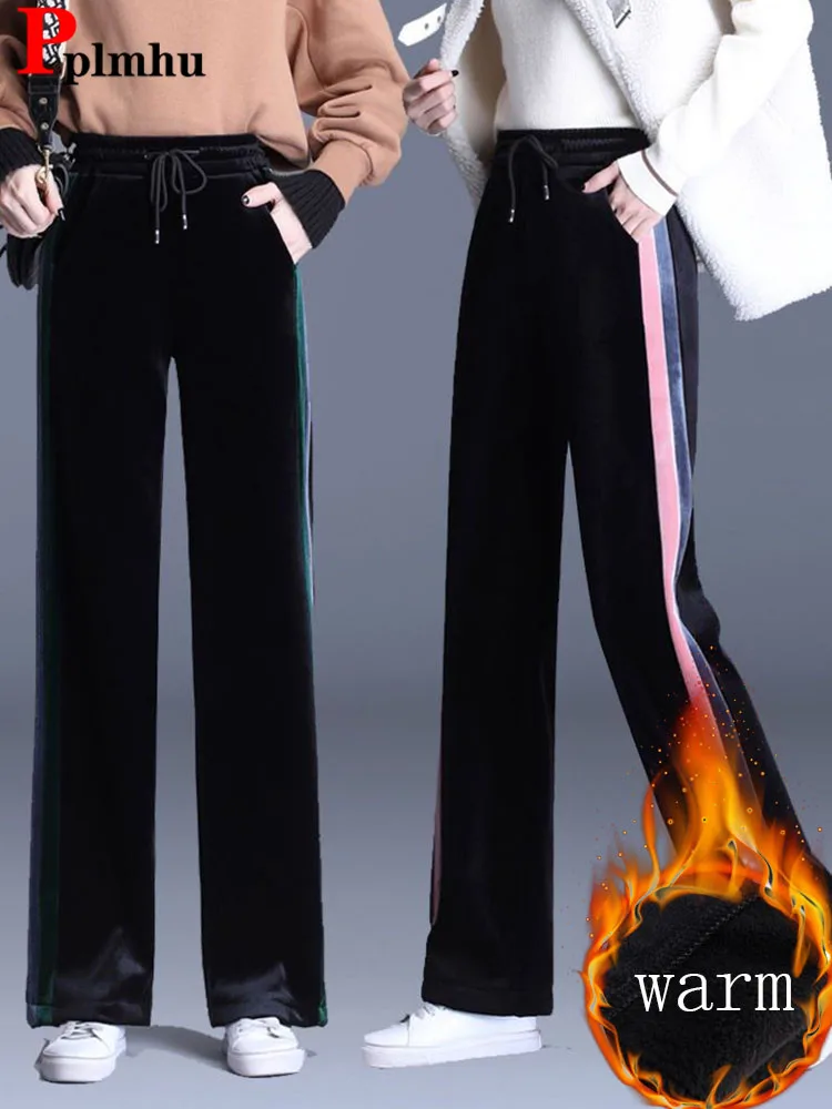 Женские утепленные мешковатые прямые брюки зимние теплые полосатые бархатные
