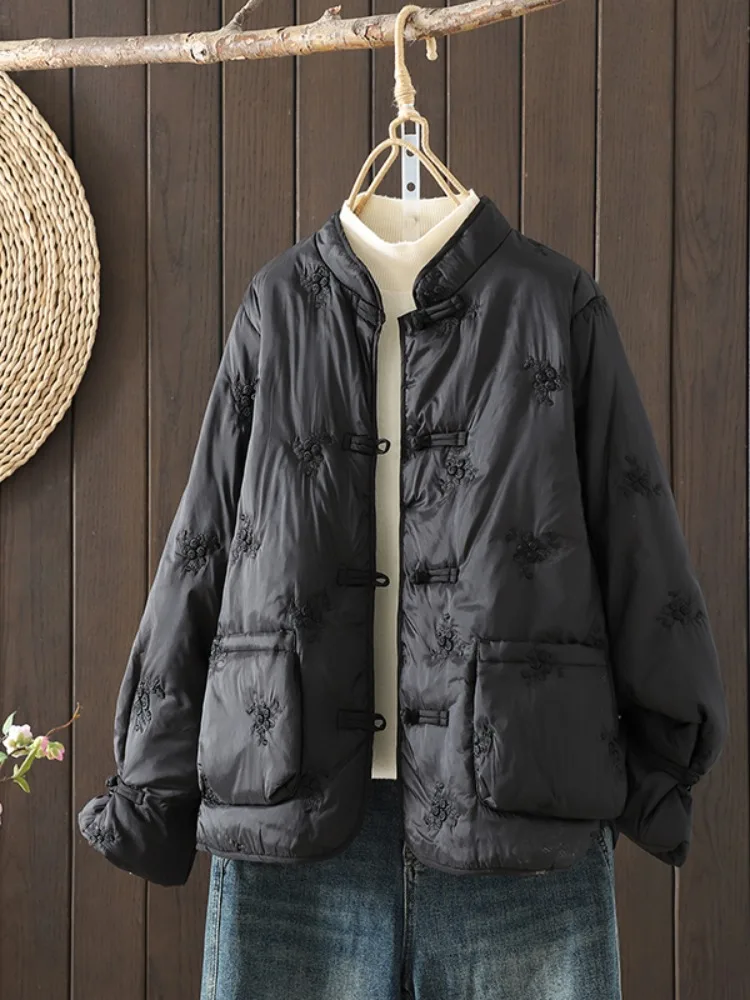 Пуховик с национальной вышивкой одежда на хлопковой подкладке женская зимняя