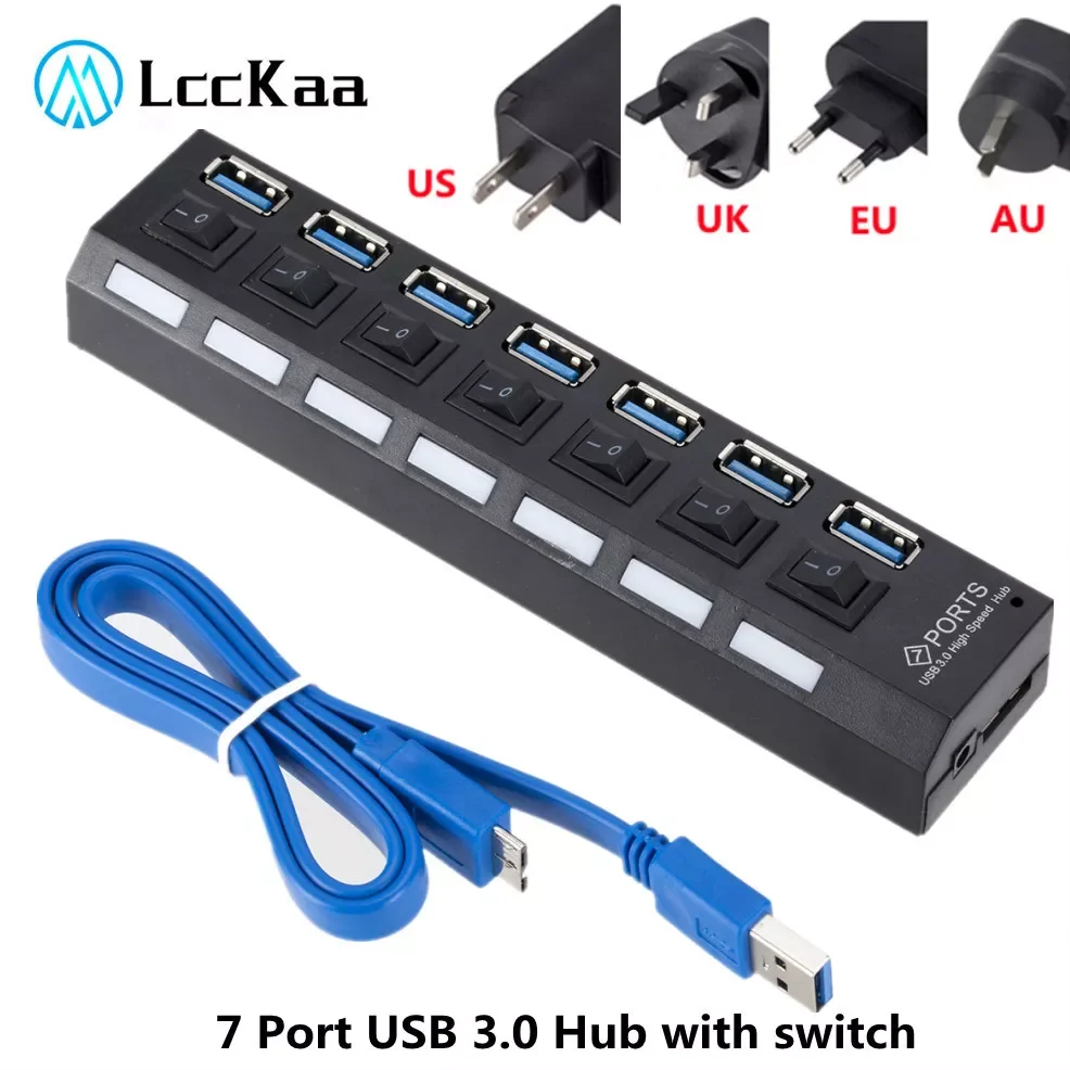

LccKaa 7 Port USB 3.0 Hub Multi USB Splitter 3 Hab Use Power Adapter Multiple Expander USB 3.0 Hub with Switch For PC Computer