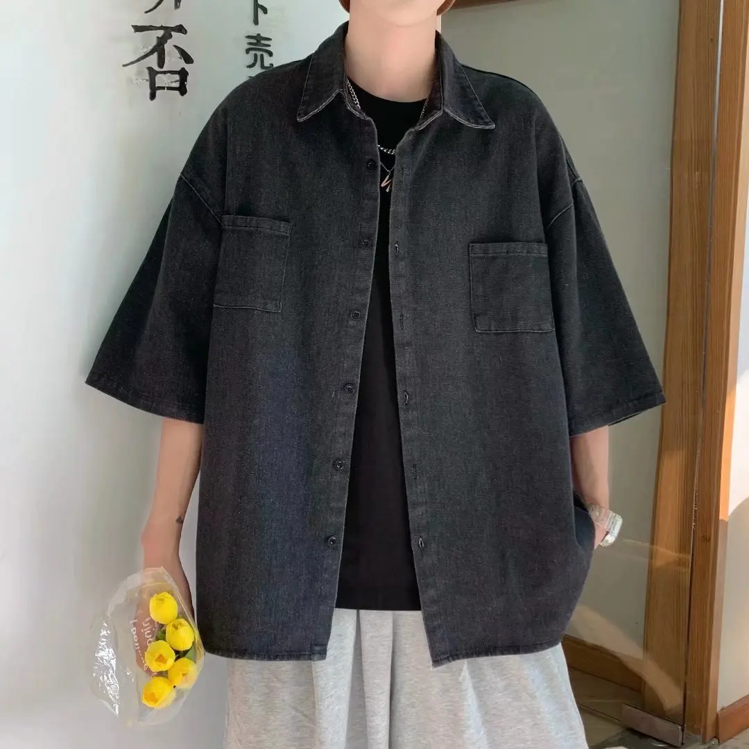 Summer Shirt Short Sleeve Denim For Men Streetwear Oversized Simple Casual Fashion Y2K Pocket Cotton Lapel Jeans Top Clothing