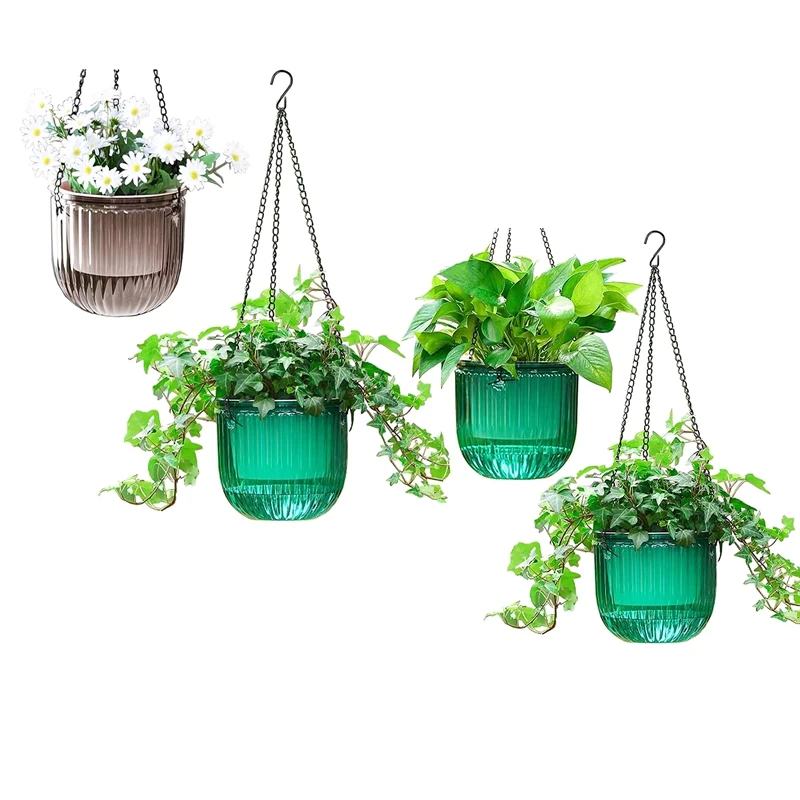 

2 Pack Self Watering Planters Indoor Hanging Flower Pots 6.5 Inch Outdoor Hanging Plant Pot Basket (Emerald + Gray)