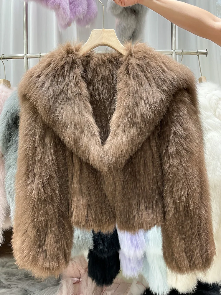 

rf22135 Women's Knitted Real Fox Fur Coat with Big Navy Collar