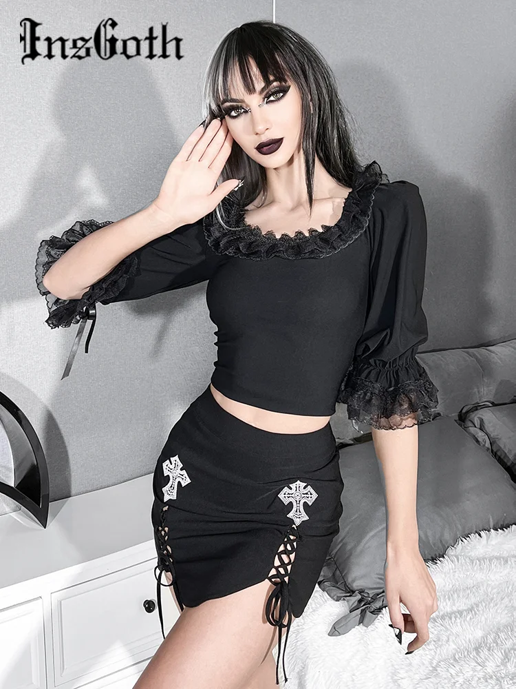 

InsGoth Gothic Lace Trim Puff Sleeve T-shirt Harajuku Petal Square Neck Half Sleeve Lace Up Vintage Hip Hop E Girl Bodycon Tees
