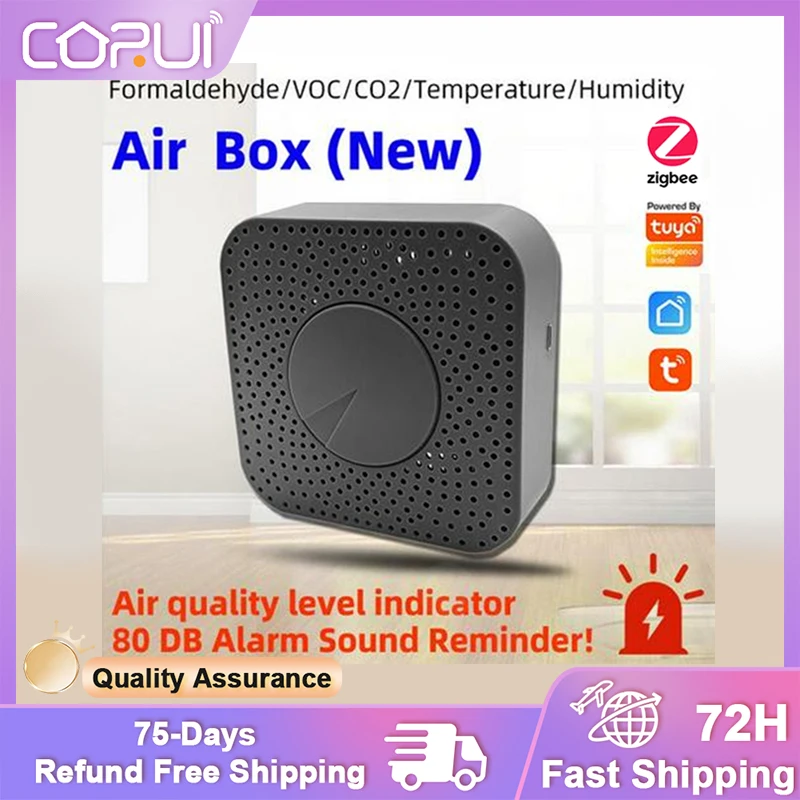 

Corui Tuya Zigbee Smart Air Housekeeper Alarm Air Quality Detector PM2.5 Formaldehyde VOC CO2 Temperature Humidity 5In1 Air Box