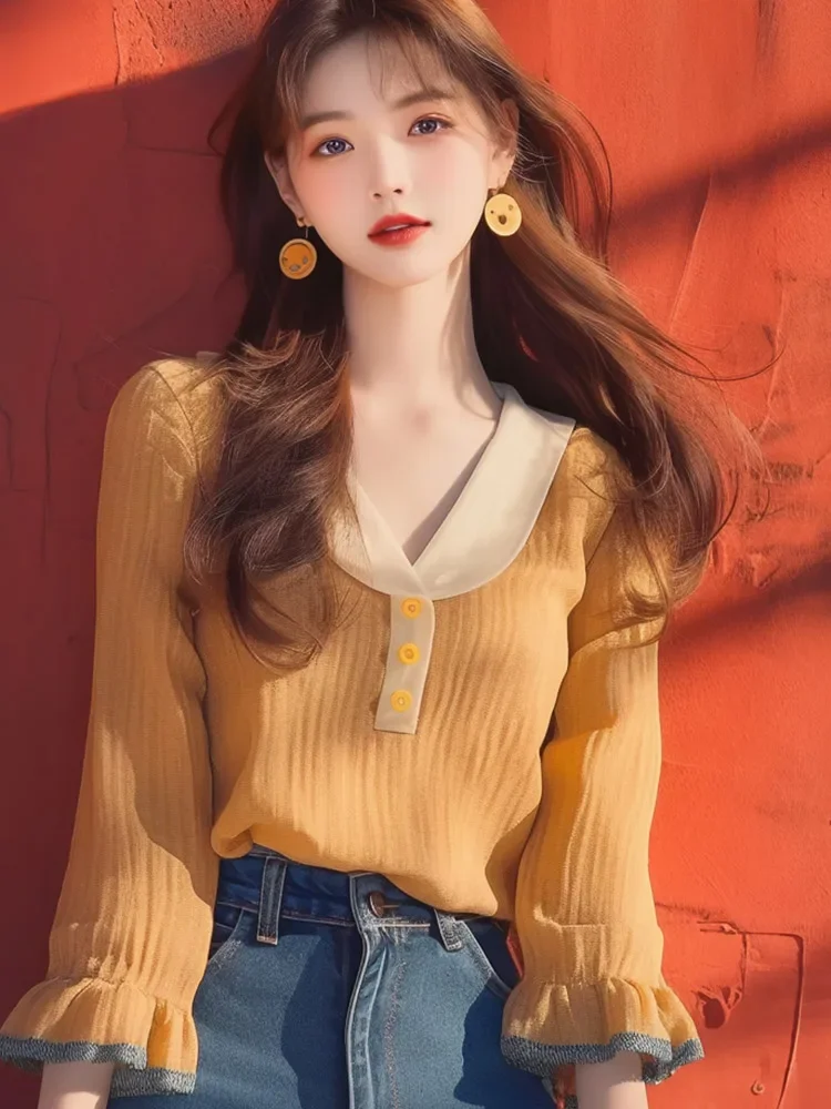 Шифоновая винтажная женская рубашка Новинка лета 2024 полосатая Корейская одежда