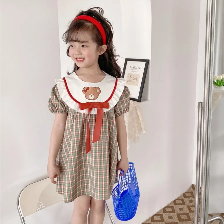 

Summer baby girls clothes Retro Plaid Pattern Round Neck Short Sleeve Dress Cartoon Print Dress