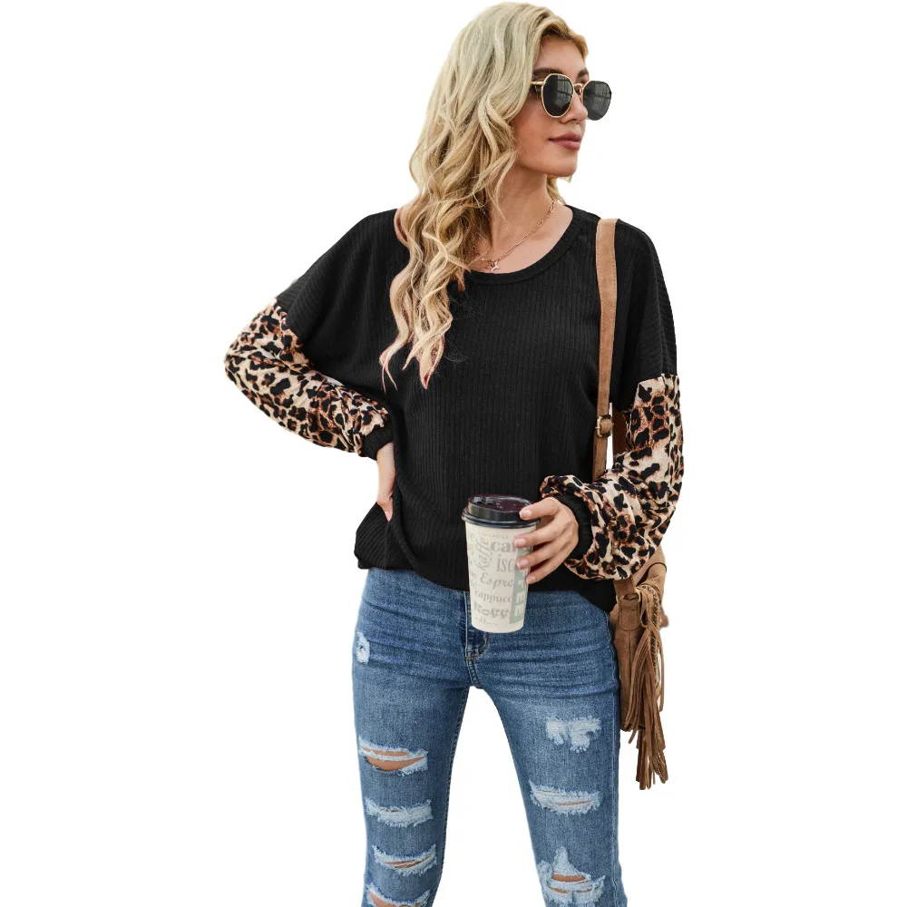 

Women's Popular Leopard Print Splicing Round Neck Long Sleeve T Shirt