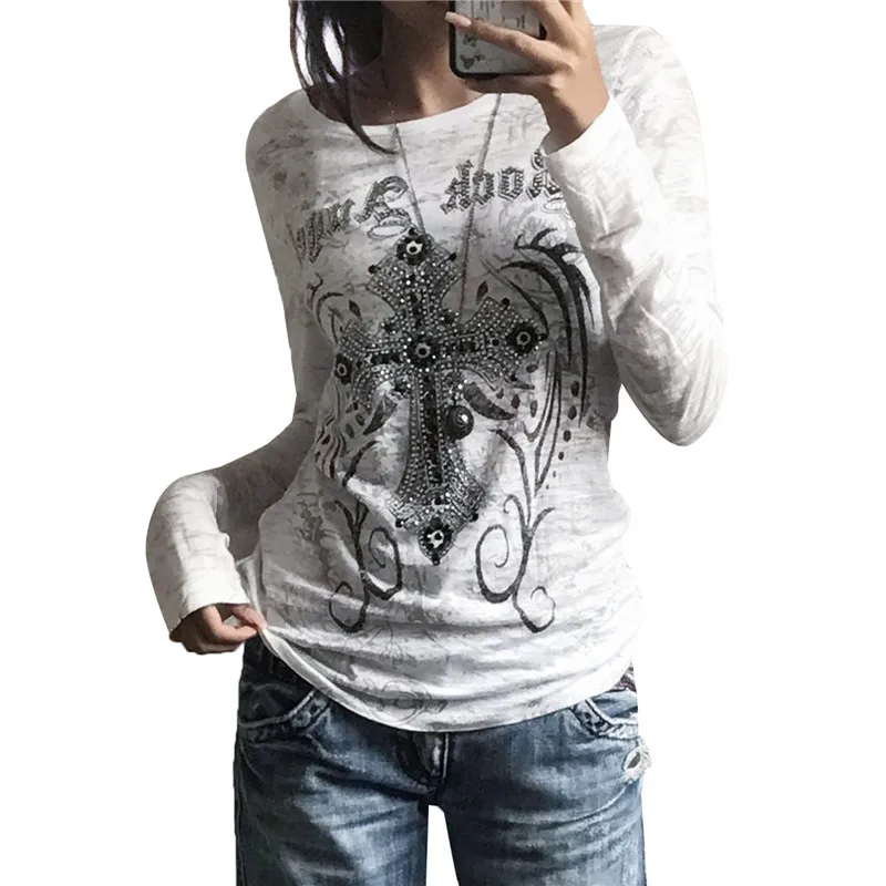 

Women's Gothic Graphic Prints T-shirts White Long Sleeve Rhinestone Pattern Casual Slim Fit Pullover Tops Spring Autumn Clohing