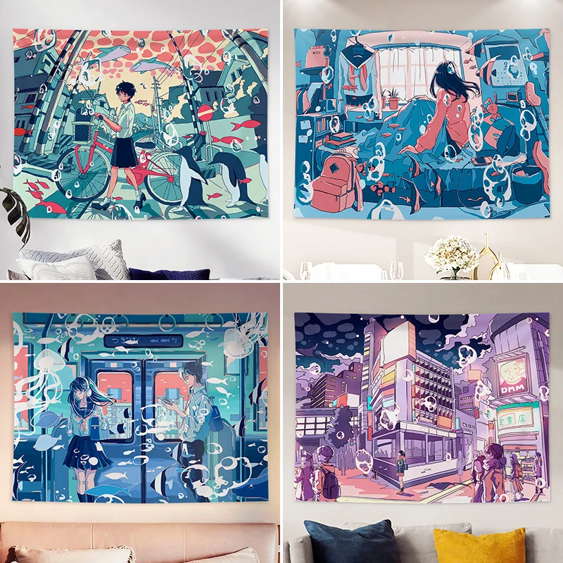 

Японская ручная роспись иллюстрация Печатный гобелен мультфильм аниме КИТ города искусственная стена подвесной кавайный декор комнаты