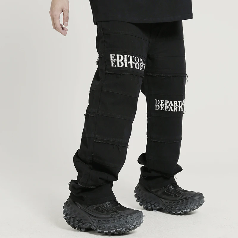 Four Seasons Men Jeans Striped Tassel Letter Embroidery Harajuku Retro Hip Hop Couple Jeans Street Ins Hot Sale Patchwork Jeans