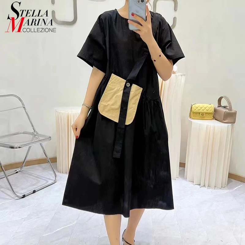 

New Woman Summer Short Sleeve Cute Wear Short Sleeve Dress Pocket Tapes Decorated Casual Wear Holiday Street Dresses Robe MJU025