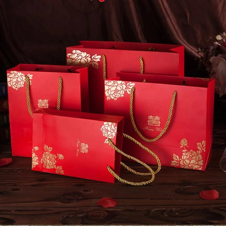 Recuerdos de fiesta de boda de estilo chino para invitados, caja de dulces, embalaje, bolsa de regalo de papel de boda con asas, cajas de cartón