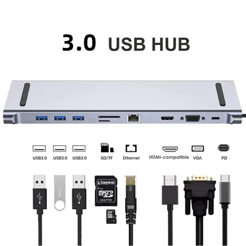 

10 In 1 USB Type C HUB HDMI-compatible RJ45 VGA Multi-port 3.0 USB Splitter Adapter For Laptop Macbook Docking Stations USB Hubs