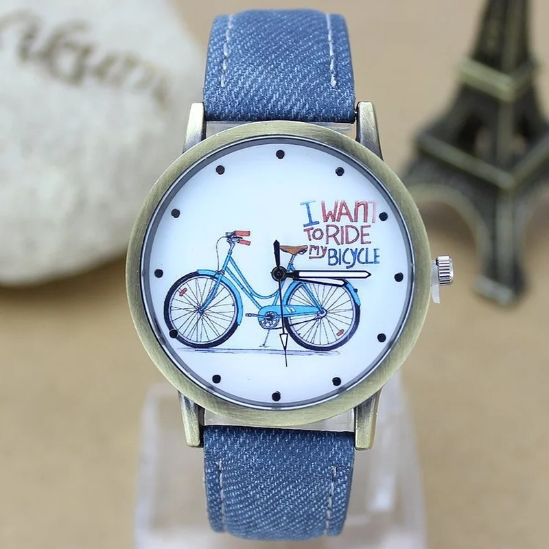 

New Fashion Roman Scale Men Bicycle Watch Women Jean Fabric Leather Strap Dress Watches Ladies Casual Watch Hot Hour Kid Watches