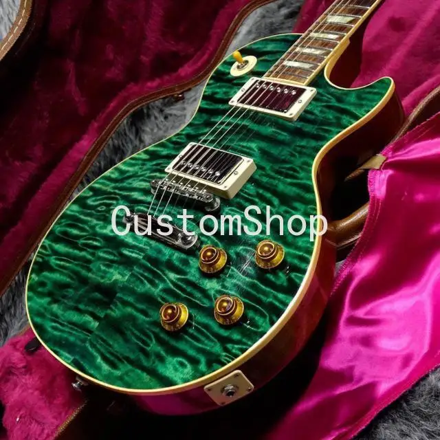 

Электрическая гитара с зеленым стеганым кленовым верхом, легкий V-образный профиль, с грифом «Пламя и клен», с черным грифом и настоящей морс...