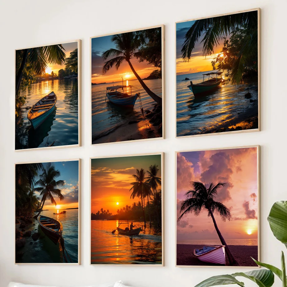 Тайская лодка плакаты Пальма морской закат природный пейзаж холст живопись