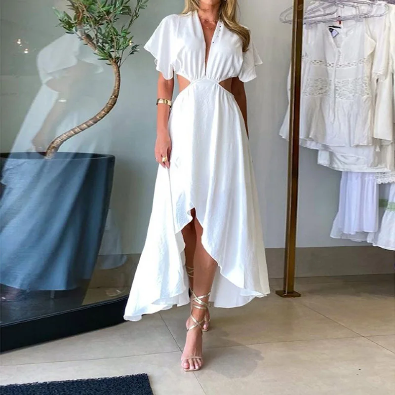 

Повседневное летнее женское платье с поясом, модель 2023 года, офисное модное Ажурное белое платье, шикарное Плиссированное длинное платье с оборками и глубоким V-образным вырезом