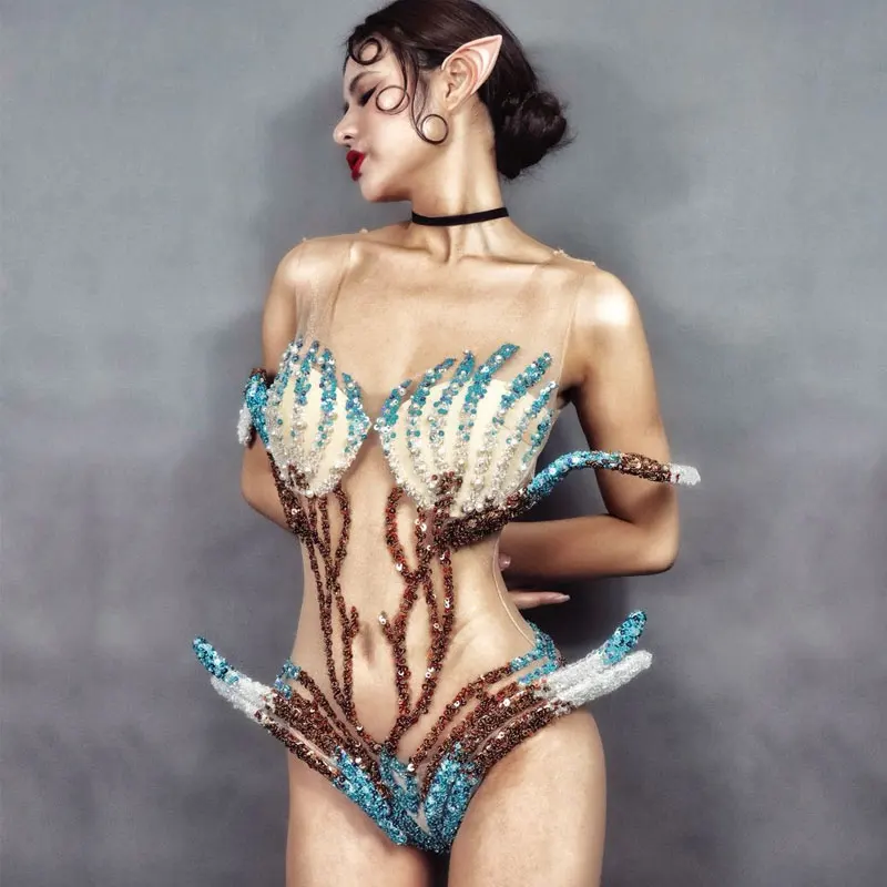 Боди с блестками и эльфами без рукавов большой эластичный сексуальный