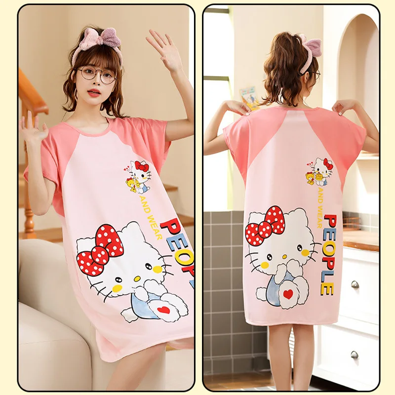 

Sanrio High Quality Girls Cartoon Nightgown Hello Kitty Cinnamoroll Cute Anime Pure cotton Short sleeve Pajamas Christmas Gifts