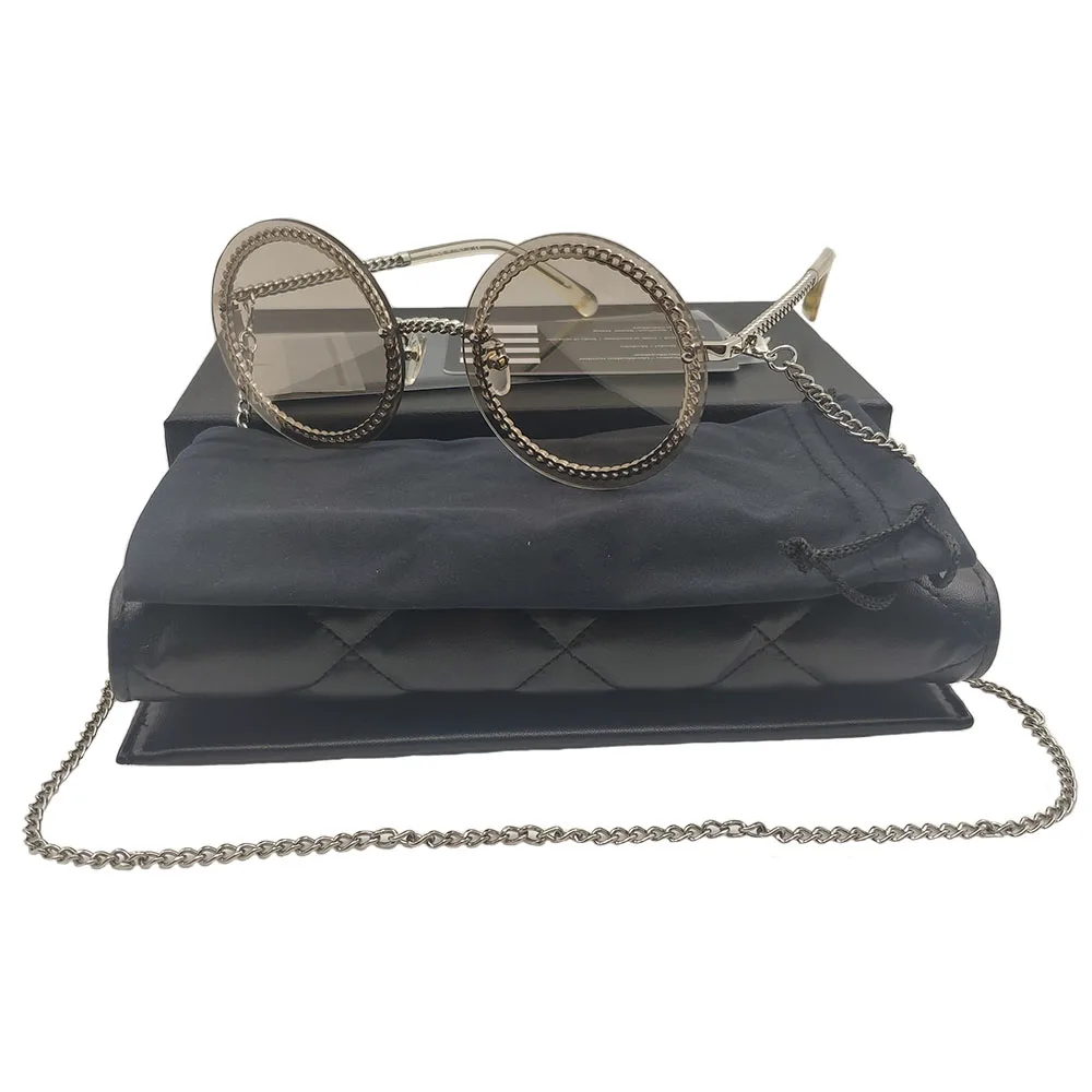 

Summer Gold Chain Round Sunglasses For Women Shades Brand Designer Alloy Retro Rimless Fashion Futuristic For Sun Glasses UV400