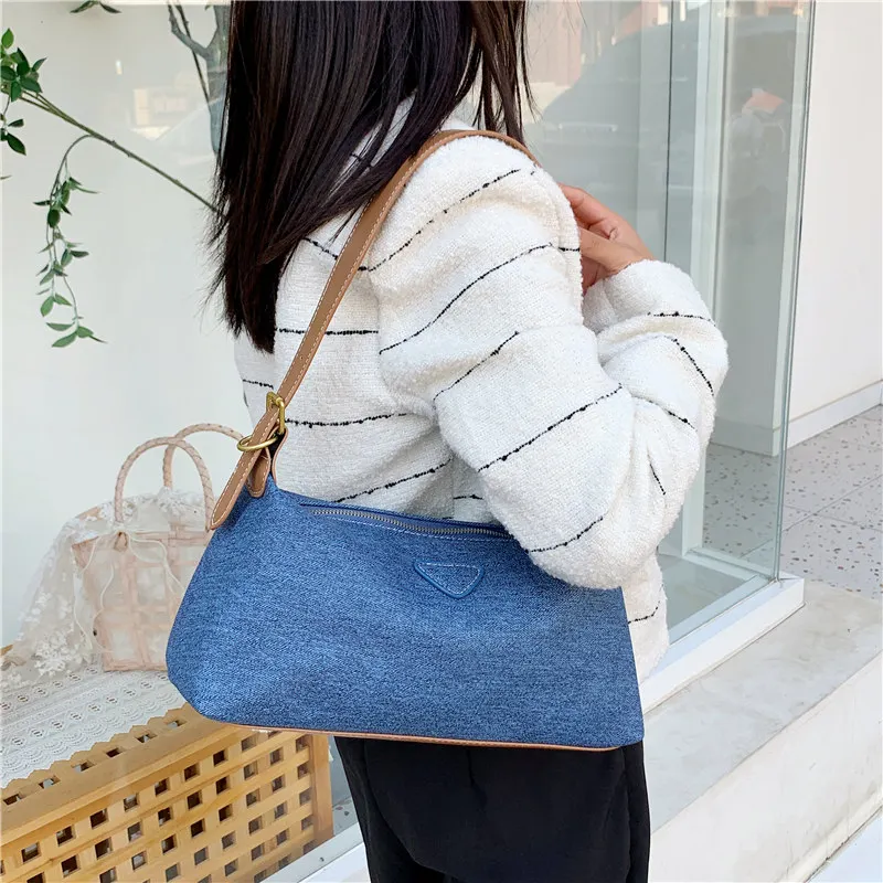 Blue And Black Canvas Retro Women Daily Party Underarm Dumpling Bag 2023 Trendy Leisure Temperament Soft One-shoulder Messenger