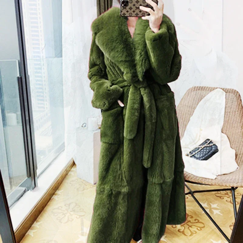 

2023 Plus Size 5xl Winter Coat Women Fashion Belt X Long V Neck Thick Warm Faux Fox Fur Winter Coats for Women B051