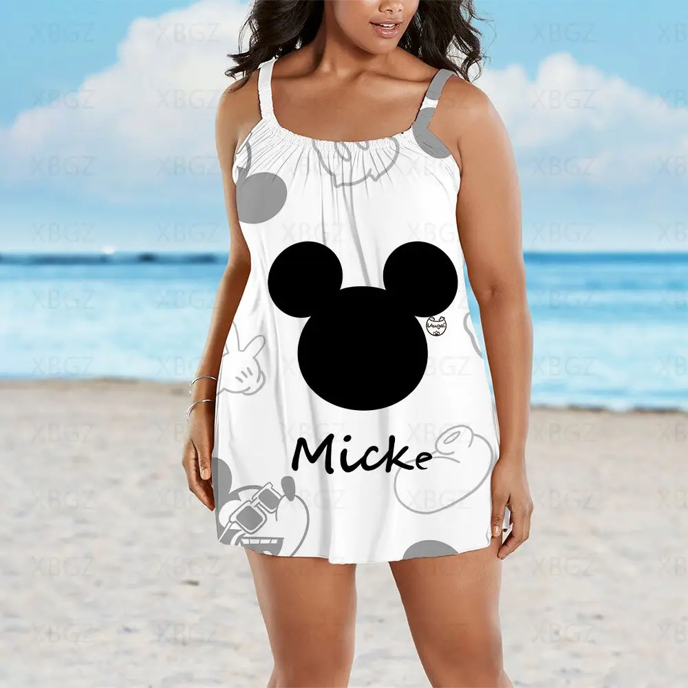 Boho Plus Size Dresses Summer Outfits Sexy Woman 2022 Sleeveless Women's Free Shipping Disney Mickey Print Cartoon Sling Loose