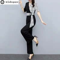 2022 summer new fashion letter printed belt decorative splicing jumpsuit casual high waist wide leg pants set office overalls