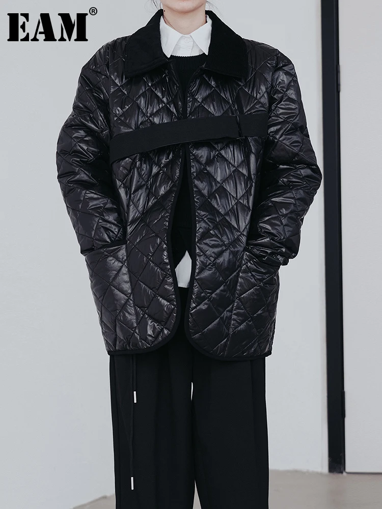 [EAM]  Black Big Size Warm Plaid Cotton-padded Coat Long Sleeve Loose Fit Women Parkas Fashion New Autumn Winter 2022 1DF0704