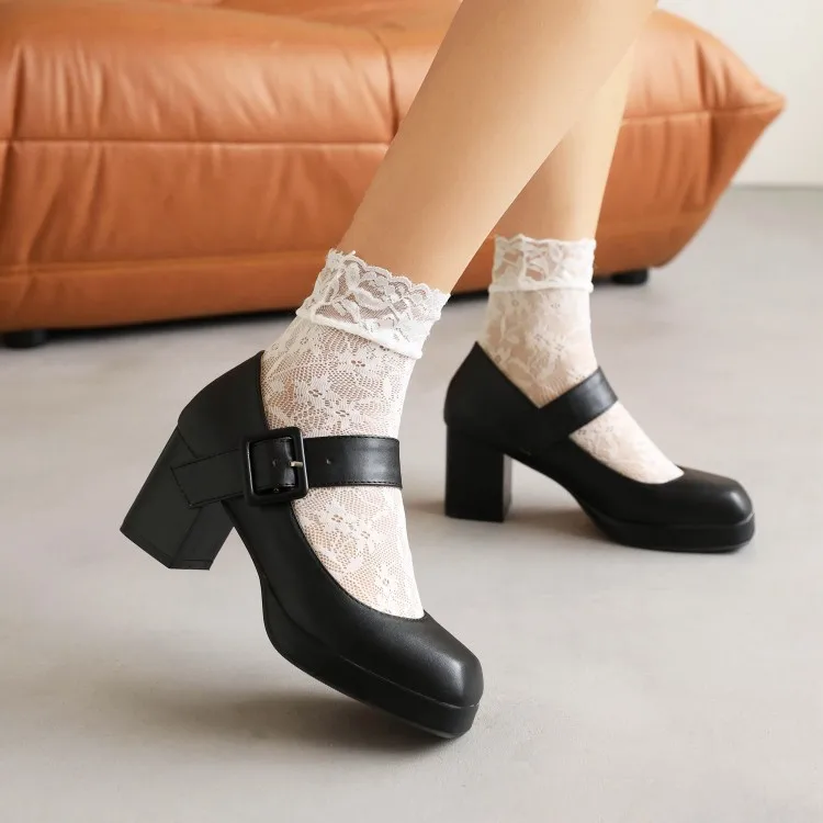 Womens Shoes High Heels Pumps Womens New Styels of Shoes Classic Square Toe Big High Heel With Belts and Buckles For Daily Use