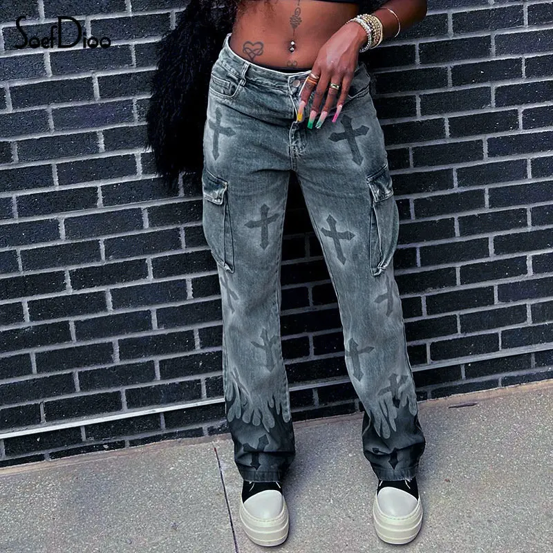 

Soefdioo Print Blue Jeans for Women Clothing Winter 2022 Fashion Mid Waist Multi Pocket Straight Pants Female Bottoms Streetwear