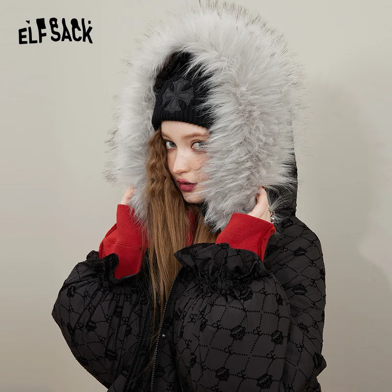 ELFSACK Black Vintage Down Coats Women 2022 Winter New Design Short Outwears