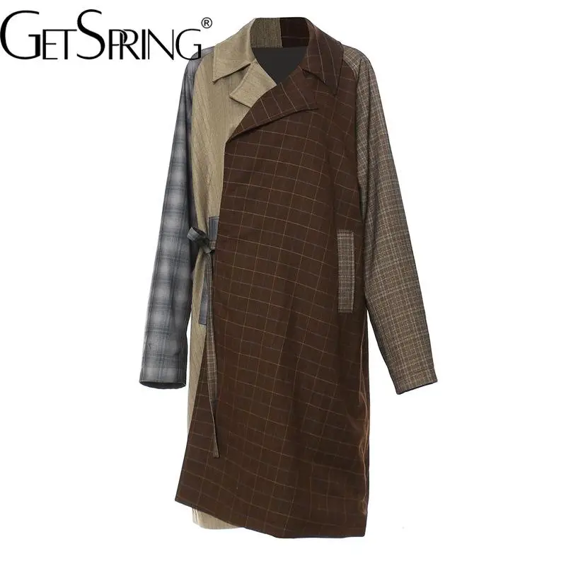 

GetSpring Women Trench Coat Plaid Patchwork Lace Up Asymmetrical Windbreaker Fashion Loose Long All Match Overcoat Autumn 2022
