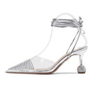 luxury rhinestone pointed toe heels for women brand transparent ankle strap high heels strange style wedding shoes bride pumps