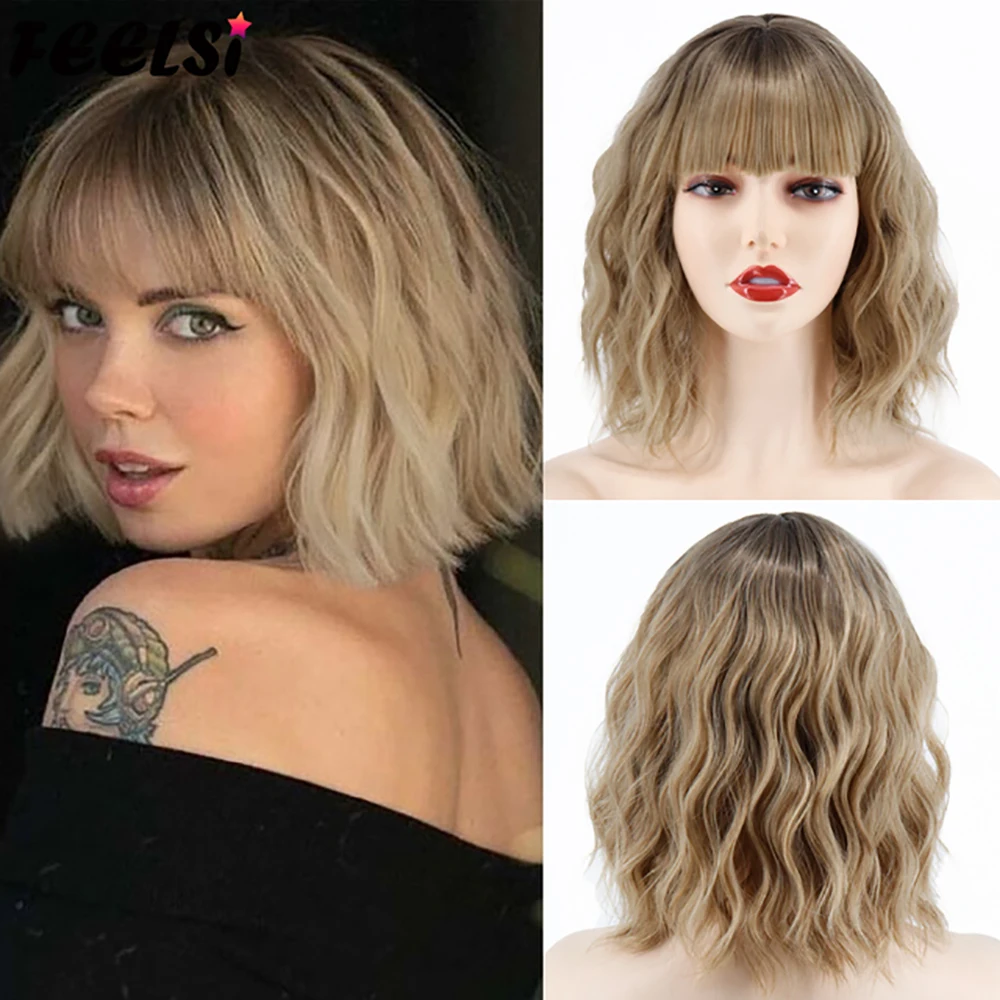 

Short Platinum Bob Synthetic Wigs Blonde Omber Wavy Wig Dark Roots with Bangs For Women Daily wear Natural cosplay Brown