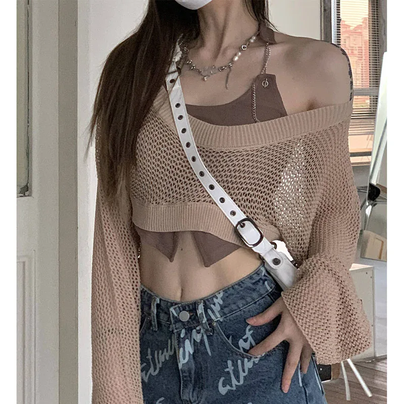 

Deeptown Sexy Y2k Knitted Women T Shirts Gothic Korean Fashion Crop Top Grunge Punk Female Black Kpop Streetwear Beach Cover Up