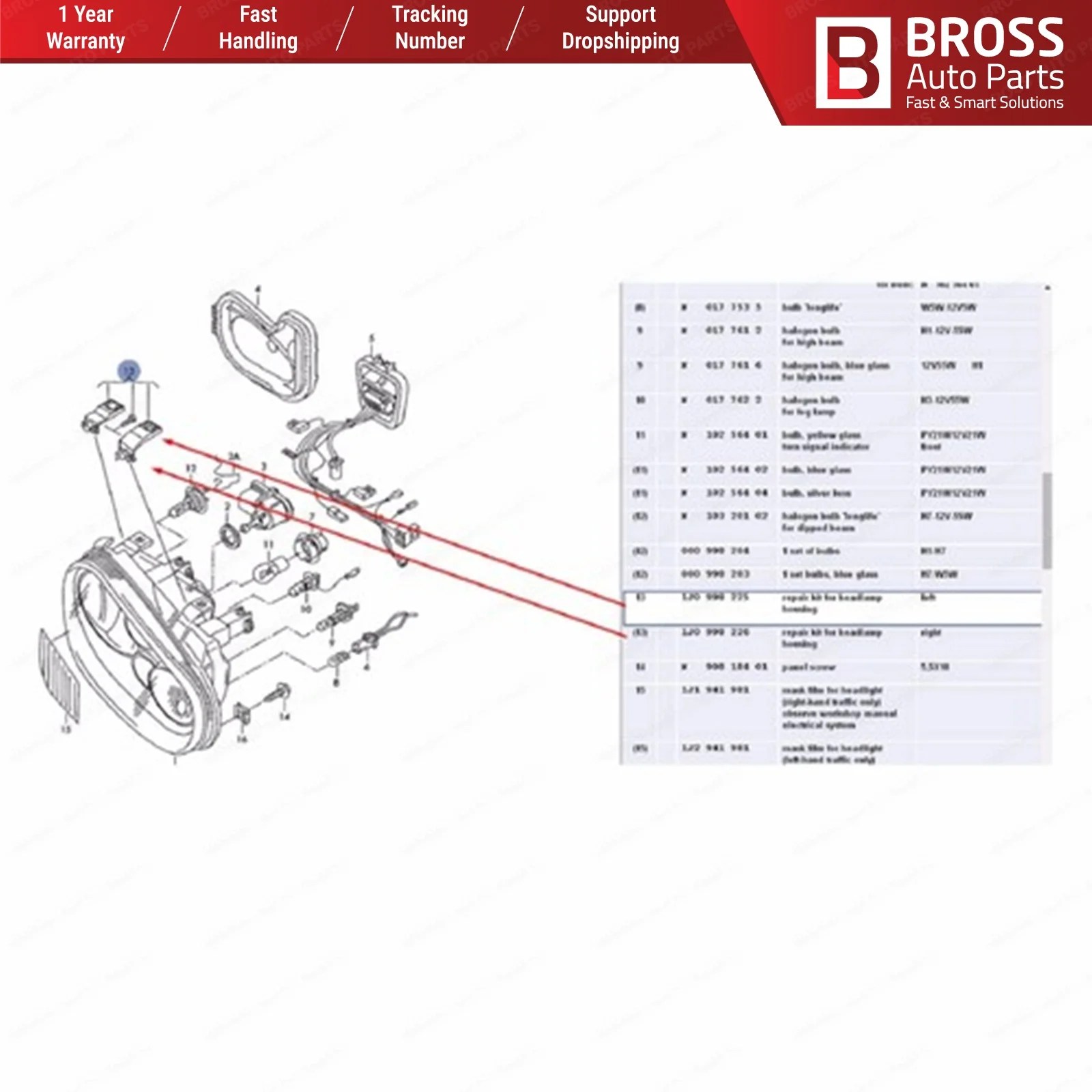 Bross автозапчасти BHL503 комплект для ремонта корпуса фар верхняя часть вкладки