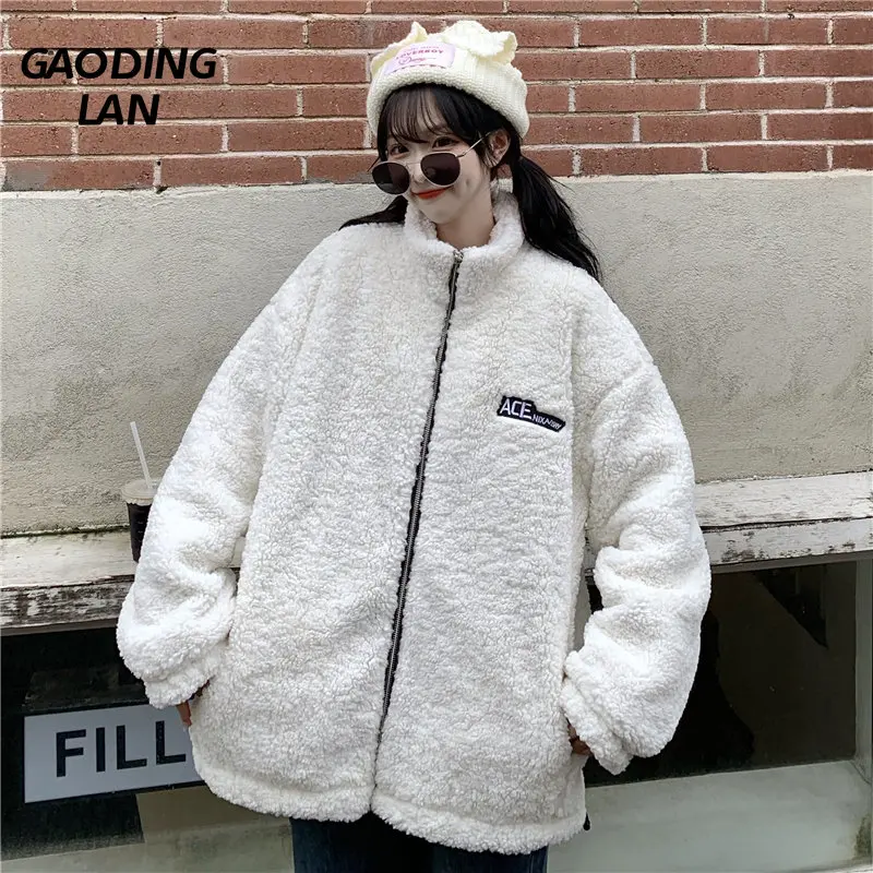 

Harajuku Letter Embroidery Women Long Sleeve Thick Warm Cashmere Coat Stand Collar Zipper Large Size Winter Female Loose Jackets