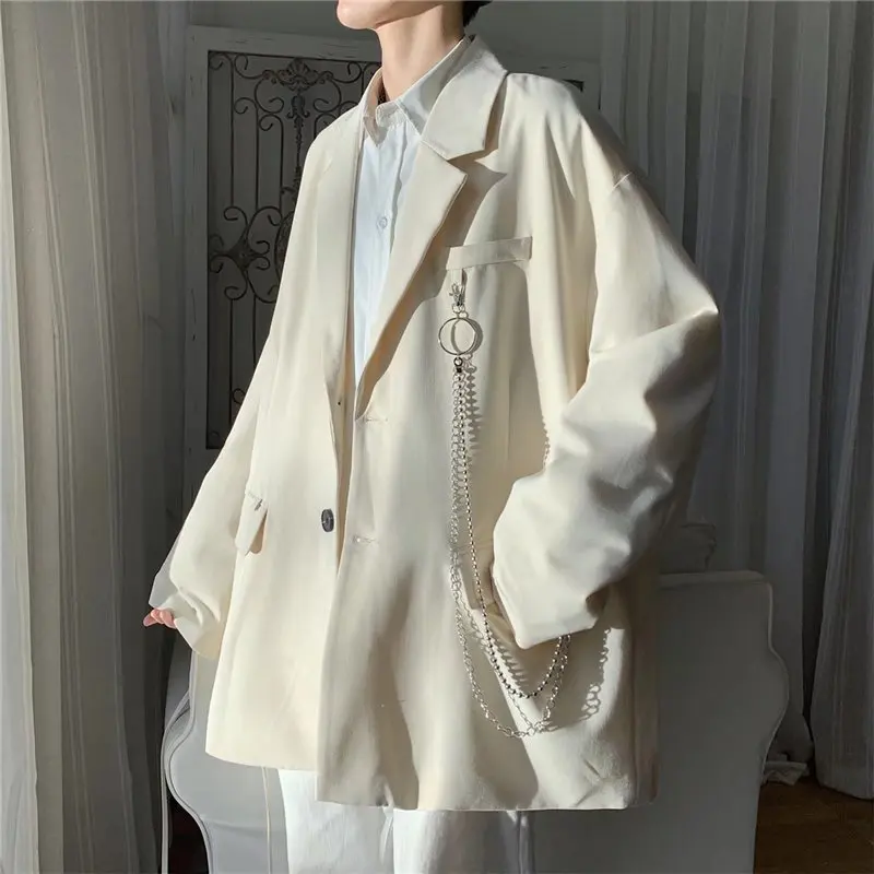 

Мужской повседневный винтажный Блейзер, черный пиджак оверсайз с отложным воротником и цепочками, весна 2019