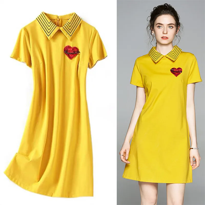 Fashion Designer Women Turn Down Collar Heart Embroidery T Shirt Dresses Summer Short Sleeve Runway Embroidery Dress Yellow