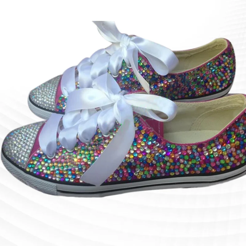 

Pink low top rhinestone ribbon accessories custom style canvas shoes integrated sports casual shoes women's shoes 35-46