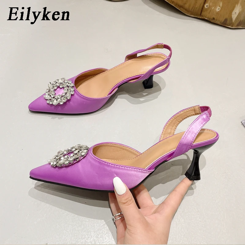 

Eilyken/новый стиль; Классические фиолетовые женские туфли-лодочки в полоску; Модные женские босоножки на низком каблуке с острым носком, украш...
