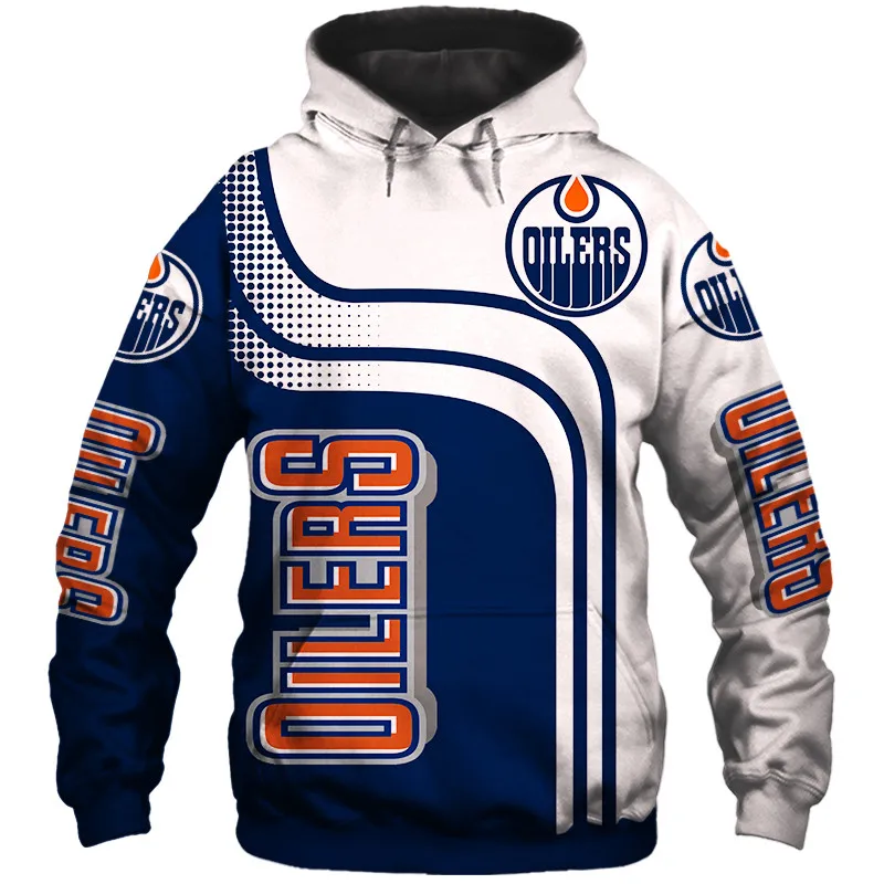 Edmonton Men's Fashion 3D Hoodie White And Blue Stitching Orange Letter Print Oilers Cool Outdoor Sweatshirts 1