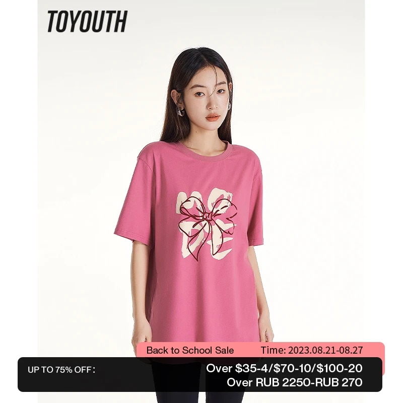 

Toyouth Women T-shirt 2023 Summer Short Sleeve Round Neck Loose Tees Bow Print Pure Cotton Casual Oversize Tops