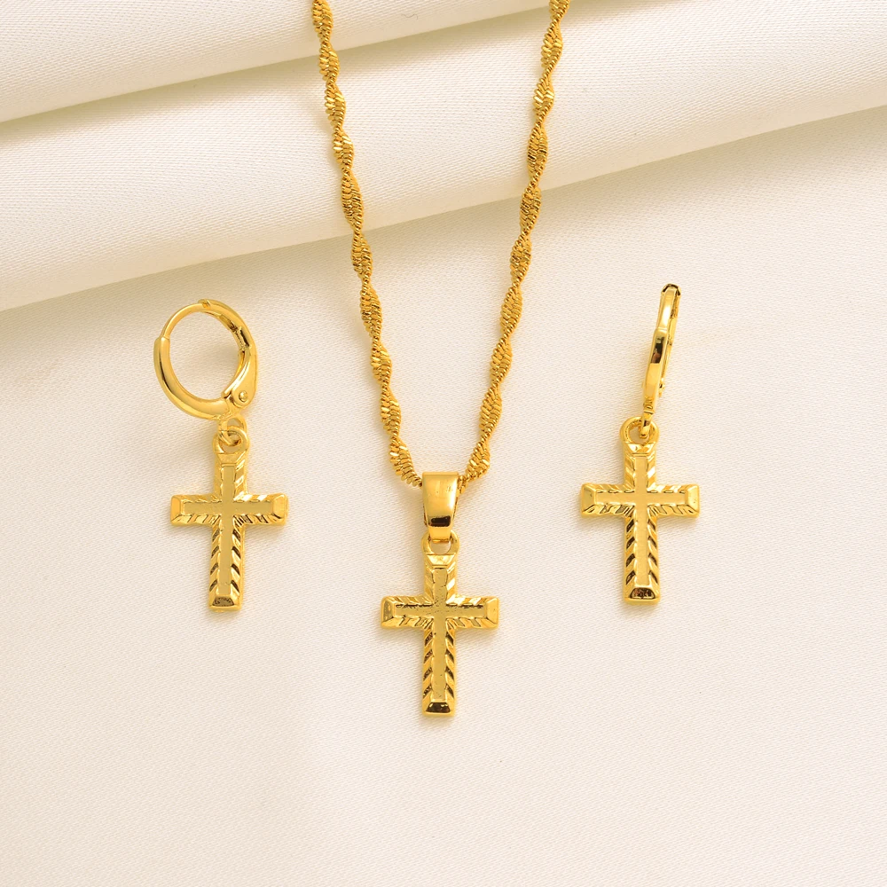 

Fashion Cross Jewelry Gold Girls Brida Jewelry Set for Women Necklace Earrings Set Party Accessories Dubai India Africa Gift